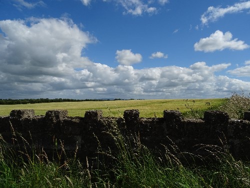 Taking in the top nice stone wall, looking over a thriving corn field with beautiful sky